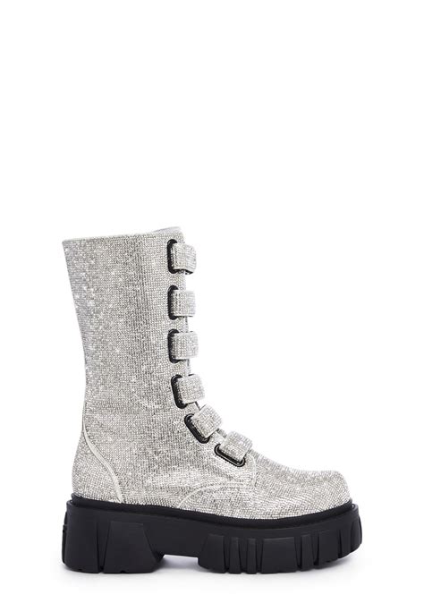 Club Exx Calf High Velcro Rhinestone Combat Boots Silver Dolls Kill