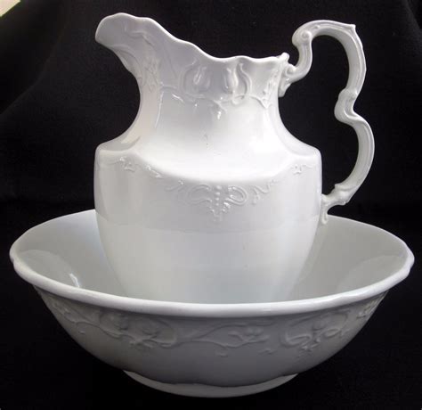 J G Meakin Ornate White Ironstone Ewer Pitcher And Basin Bowl Set