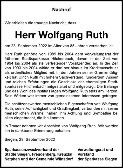 Traueranzeigen Von Wolfgang Ruth Trauer In Nrw De