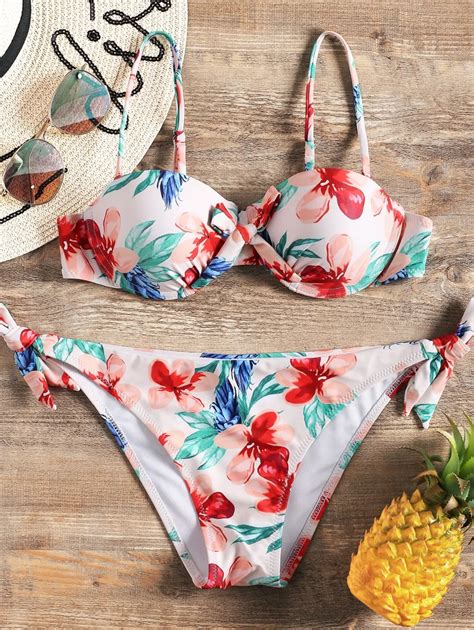 Front Knot Bikini Set Floral Print Padded Tied Bikini Set Women Bandage