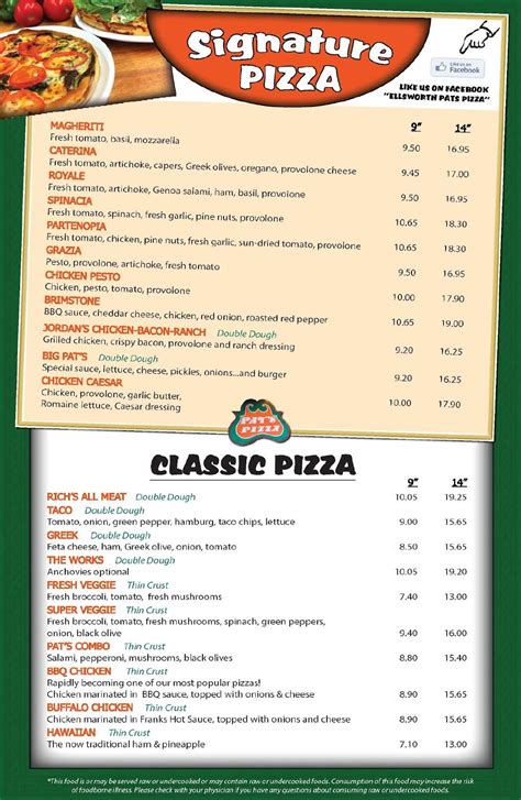 Menu At Ellsworth Pats Pizza Pizzeria Ellsworth 396 High St