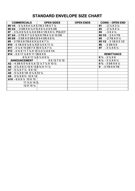 Standard Envelope Size Chart printable pdf download