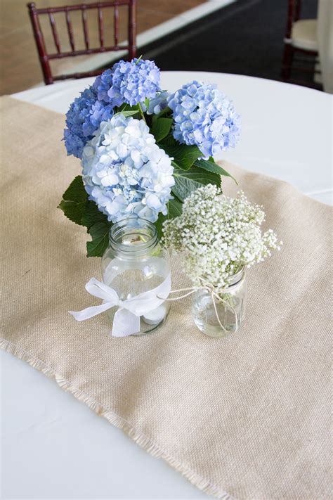 Blue Hydrangeas And Babys Breathe Centerpiece Chelsea Anderson