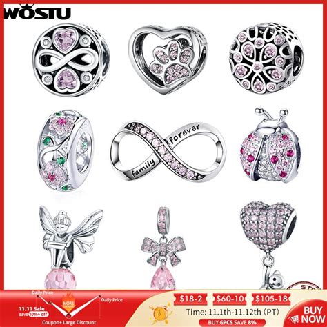 Wostu Authentic 100 925 Sterling Silver Pink Zircon Crystal Beads