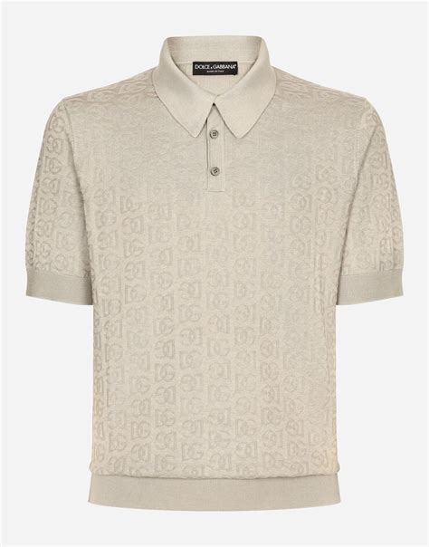 Silk Jacquard Polo Shirt With Dg Logo In Beige For Men Dolceandgabbana® Us