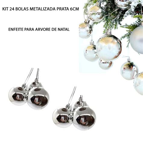 Kit 24 Bolas de Natal Prata Enfeite Árvore Metalizada 6cm Natália