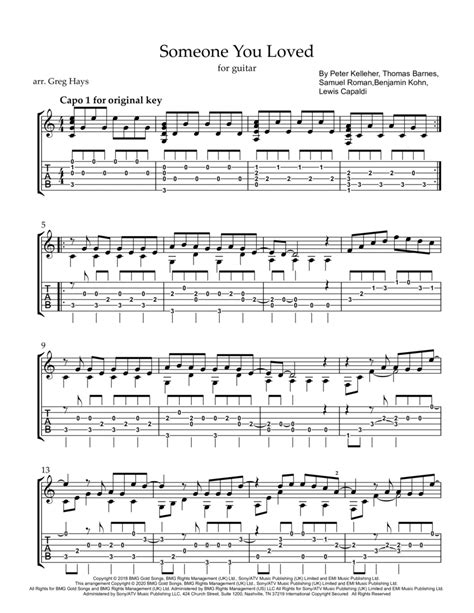 Someone You Loved Arr Greg Hays By Lewis Capaldi Sheet Music For Guitar Tab At Sheet Music Direct