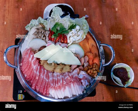 Shabu Hot Pot Set Japanese Traditional Food Served Raw On A Hot Plate And Cooked At The Table