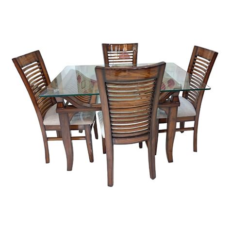 Glass Square 4 Seater Teak Wood Dining Table Set At Rs 52500 Piece In