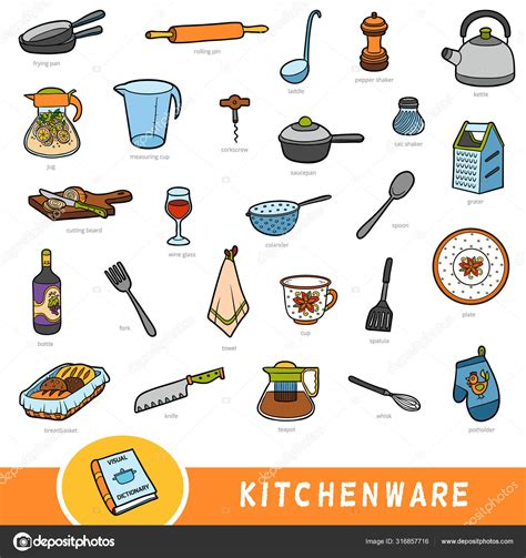 Color set of kitchenware, collection of vector items with names in ...