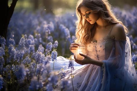 Premium Photo A Woman In A Blue Dress Holding A Lit Candle