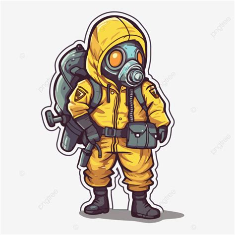 Yellow Suit And Boots With A Gas Mask And Backpack On The Sticker