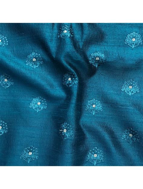 Firozee Blue Pure Raw Silk Fabric With Floral Thread Embroidery Saroj