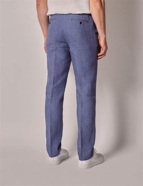 Mens Mid Blue Linen Drawstring Trousers Hawes And Curtis