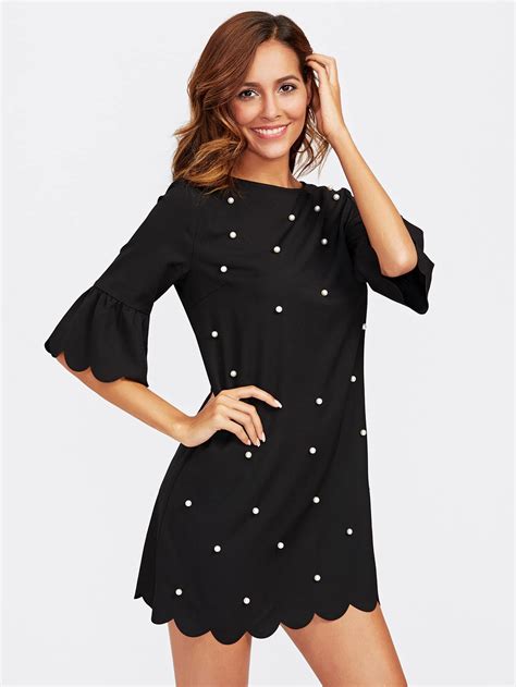 Trumpet Sleeve Pearl Beading Scalloped Dress Shein Sheinside