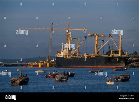 Africa Tanzania Zanzibar Stone Town Crowded Fishing Boats Sail And