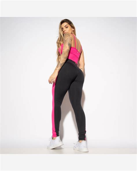 Riachuelo Legging Fitness Preta Faixa Lateral Rosa Lg