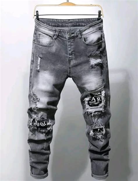 Men Letter Patched Ripped Jeans Lazada Ph