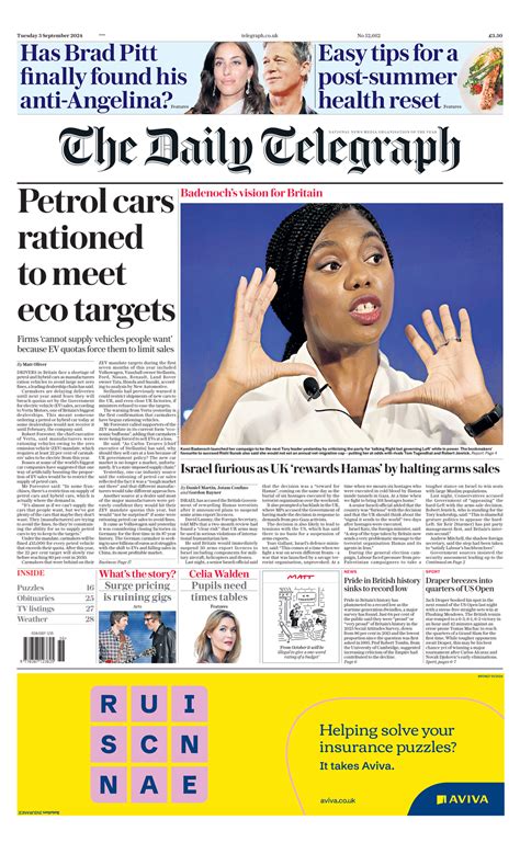 Daily Telegraph Front Page 3rd Of September 2024 Tomorrow S Papers Today