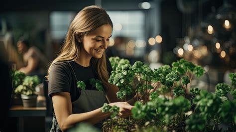 Premium Photo Woman Arranging Flowers In Green Apron