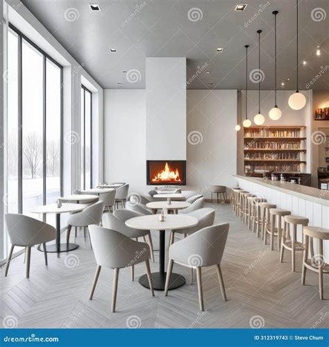 Interior Of Modern Cafe With White Walls Wooden Floor Bar Counter