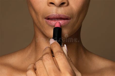 Black Woman Applying Pink Lipstick Beauty Close Up Stock Image Image