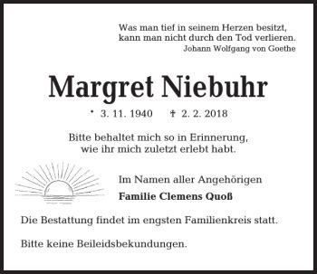 Traueranzeigen Von Margret Niebuhr Trauer Anzeigen De