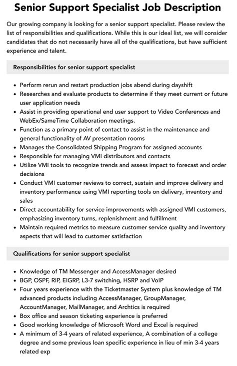 Senior Support Specialist Job Description Velvet Jobs