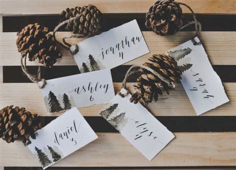 Calligraphy Watercolor Pine Tree Name Place Cards With Pinecones And