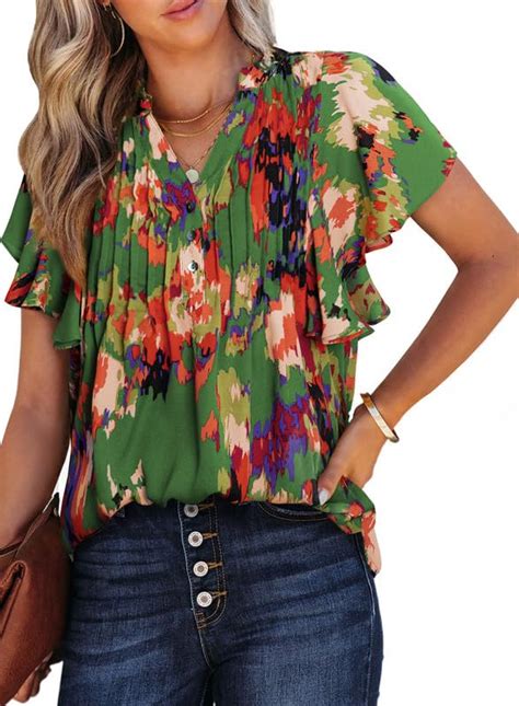 Shewin Womens Casual V Neck Boho Floral Blouses Ruffle Short Sleeve