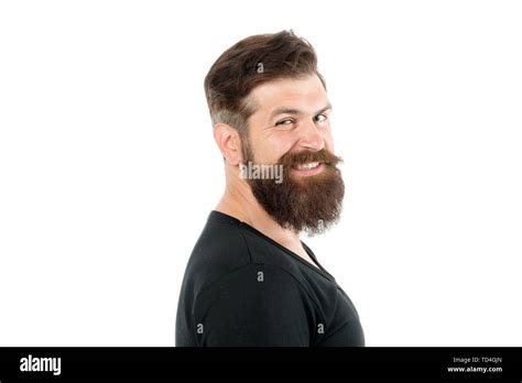 Smiling macho. Barber shop concept. Man bearded hipster with mustache ...