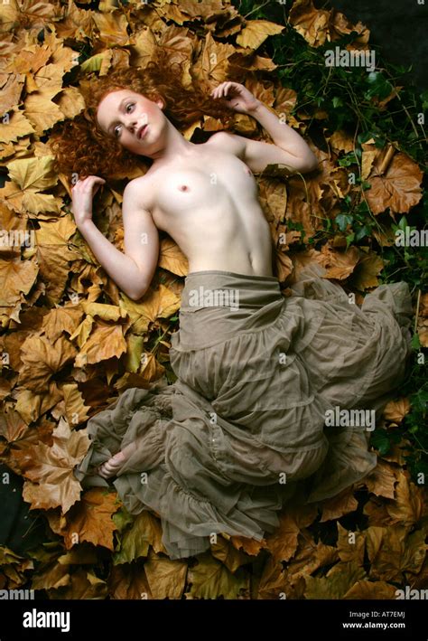 Art Nude Image Semi Nude Red Haired Girl Laying On Leaves Stock Photo Alamy