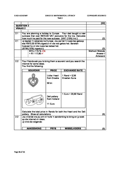 2022 Grade 11 Mathematical Literacy Task 6 Control Test 2 • Teacha