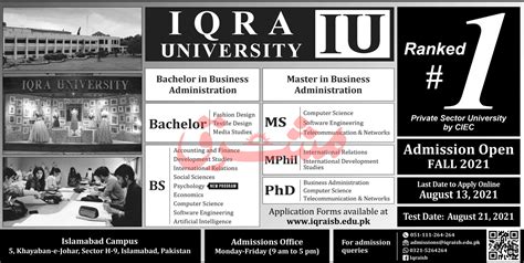 Iqra University Islamabad Ms Mphil Phd Admissions Result Pk