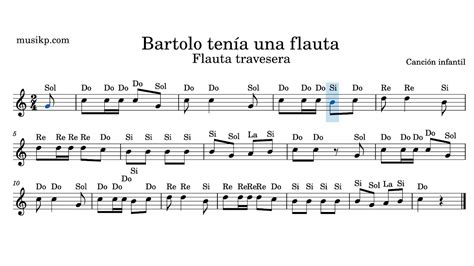 Bartolo tenía una flauta Partitura para flauta travesera con notas