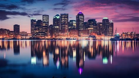 Premium Photo Illuminated City Skyline Reflects On Waterfront At Dusk