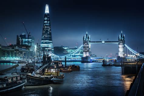 Download The Shard London Bridge Boat Blue Thames Light Night Man Made