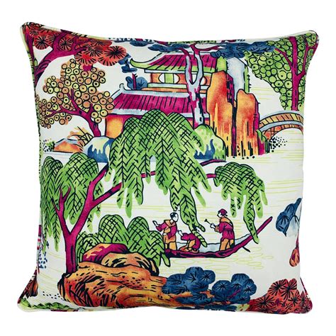 Chinoiserie Thibaut Asian Scenic Pillow In Coral And Green Chairish