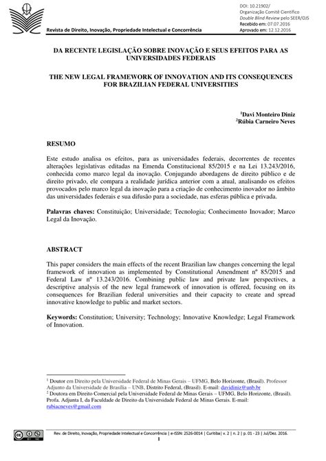 Pdf Da Recente Legisla O Sobre Inova O E Seus Efeitos Para As