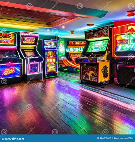 A Retro Arcade Game Room with Classic Pinball Machines, Neon Signs, and Vintage Video Game ...