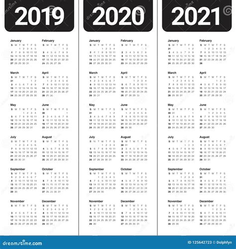 Year 2019 2020 2021 Calendar Vector Design Template Stock Vector