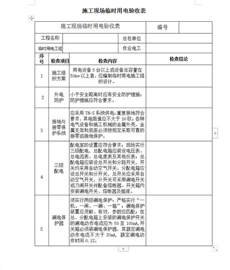 施工现场临时用电验收表 免费下载 电气常用表格 土木工程网