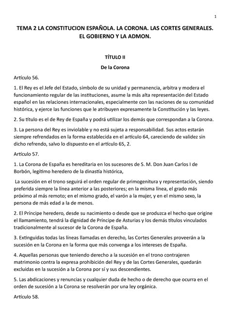 Tema La Constitucion Espa Ola La Corona Las Cortes Generales El