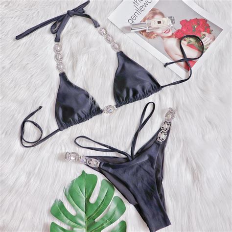 China Rhinestone Decor Triangle Thong Bikini Swimsuit Crystal Tie Back