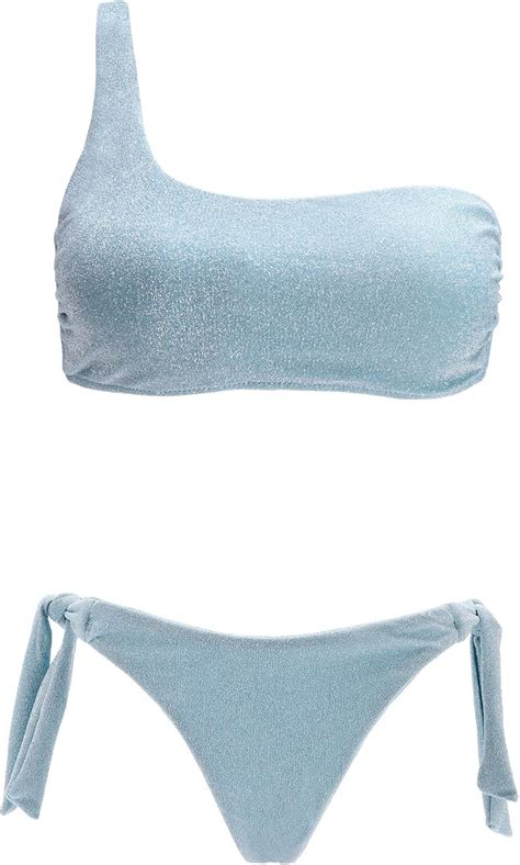 Asbayson Damen One Shoulder Metallic Glitzer Sexy Bikini Set Zweiteilige Krawatte Verstellbar