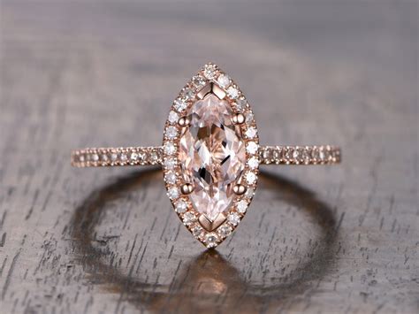 Marquise Cut Morganite Ring Rose Gold Halo Diamonds Ring Etsy