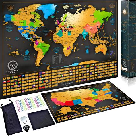 Scratch Off Map of the World + USA Map - Set of Two Deluxe Gold Scratch ...