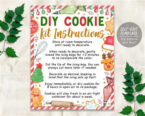 Christmas Diy Cookie Kit Instructions Card Editable Template Xmas Hol