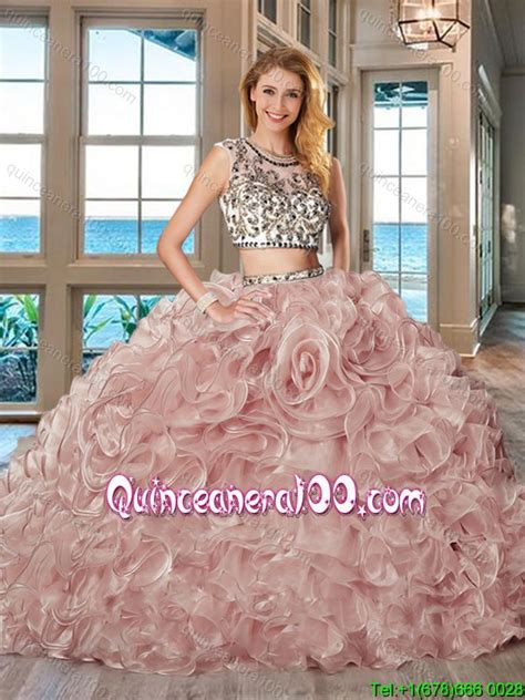 Beautiful See Through Brush Train Ruffled Quinceanera Dress With Cap