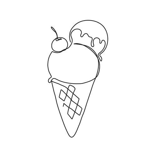 Dibujo Continuo De Una Línea De Cono De Galleta De Helado Con Cereza